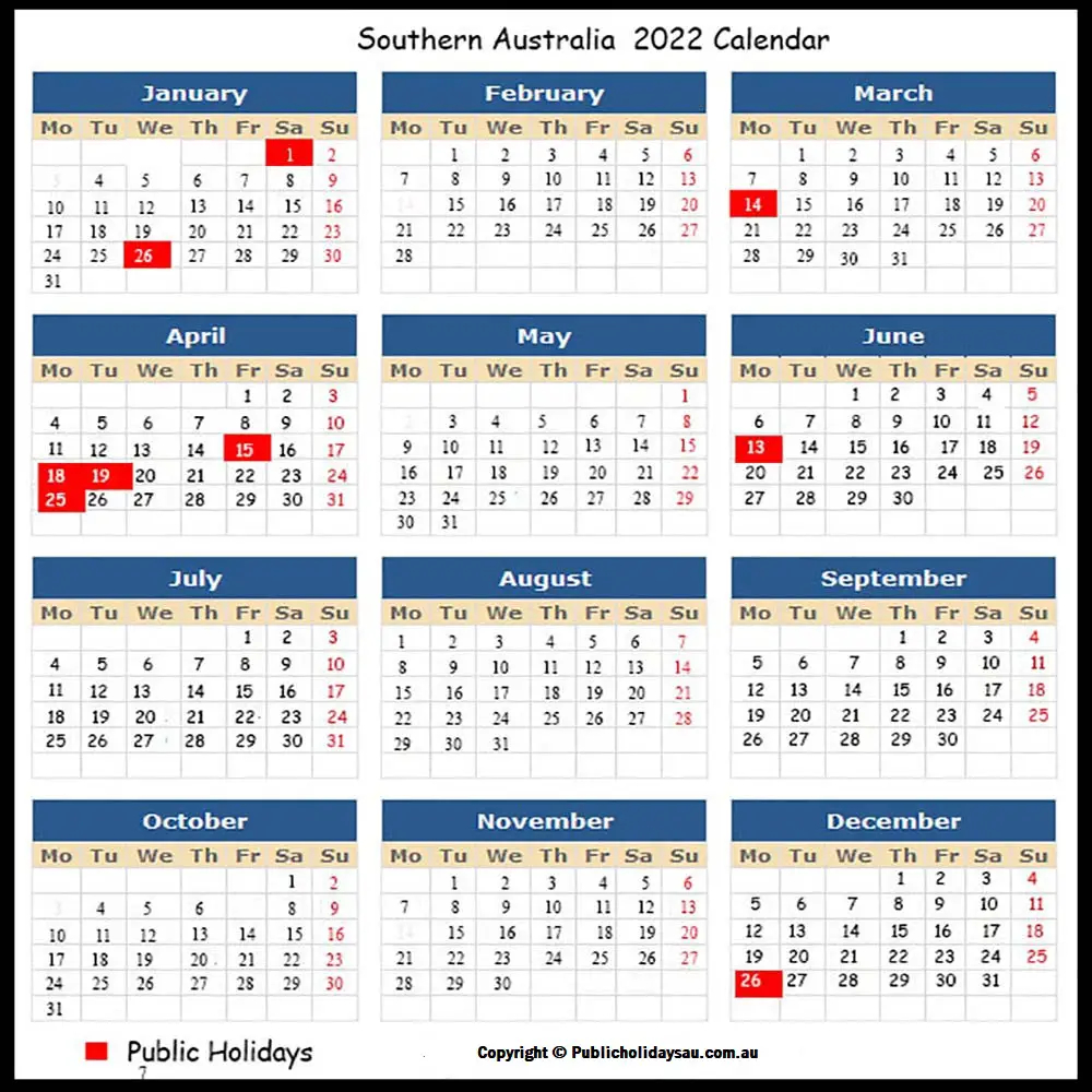 2022 State Holiday Calendar