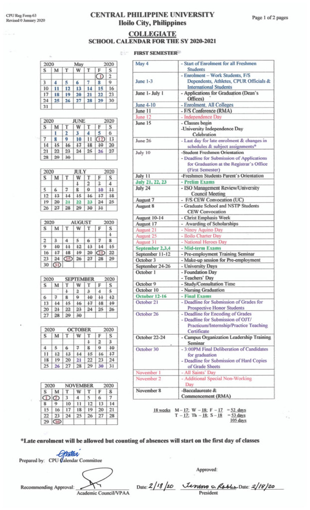 College Calendar Central Philippine University