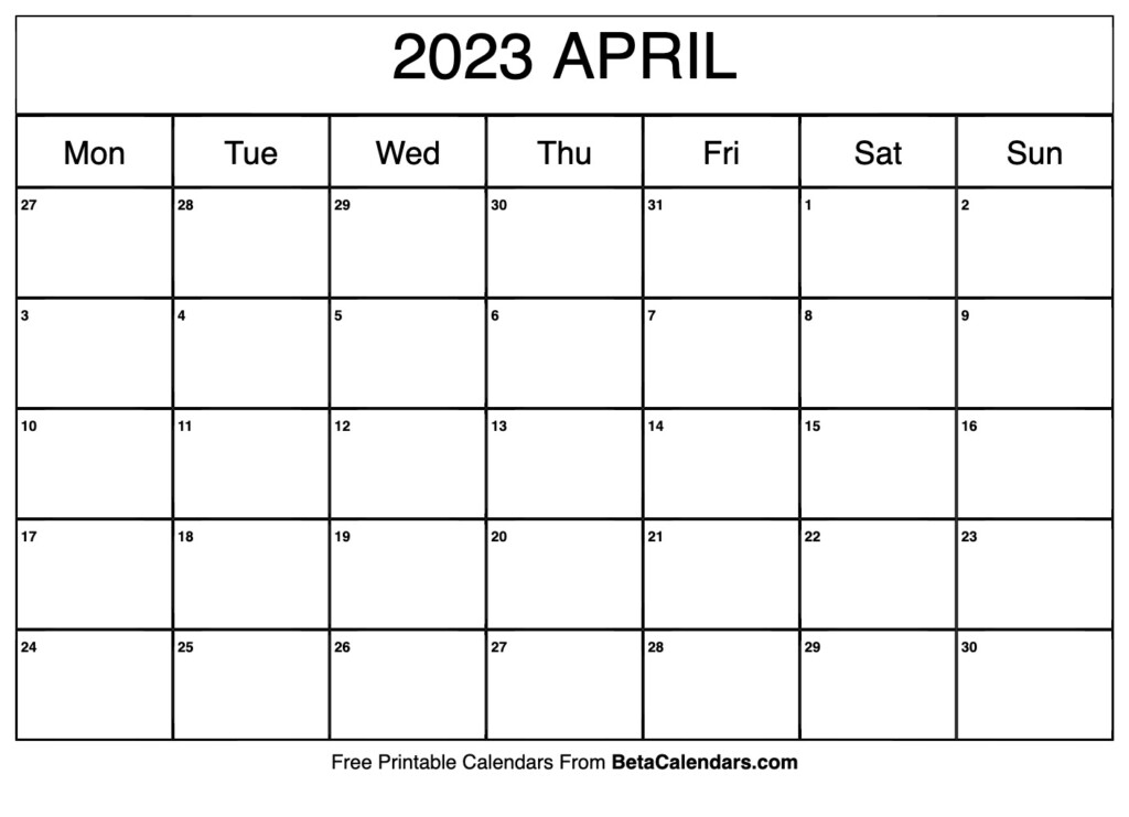 Free Printable April 2023 Calendar