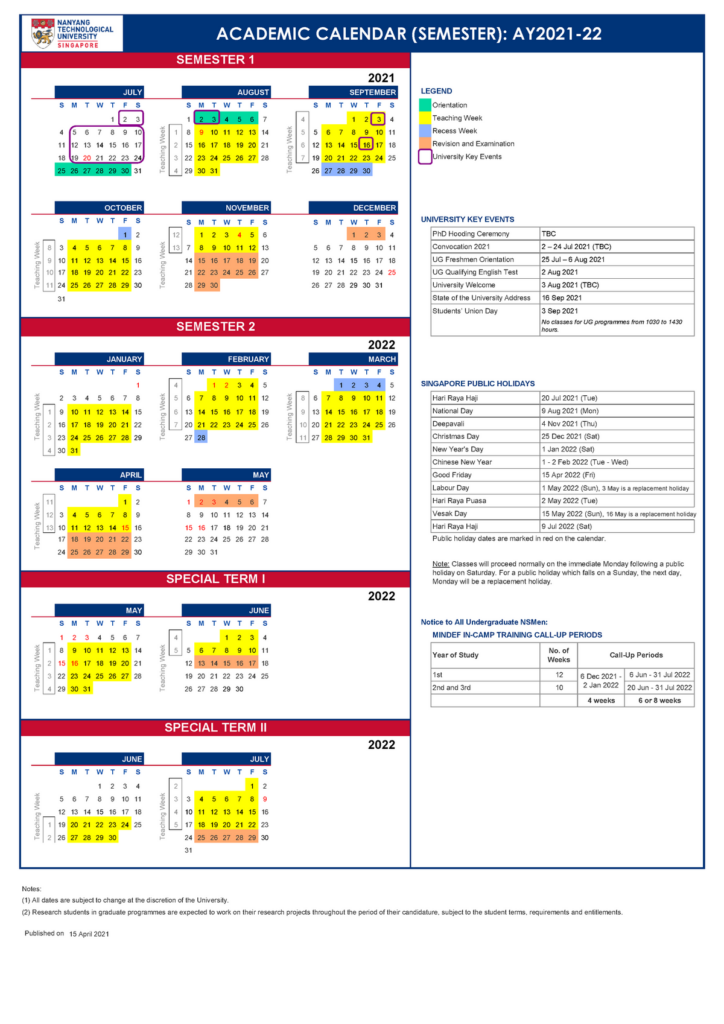 Ntu academic calendar Academic Year 2021 22 semester JULY AUGUST 