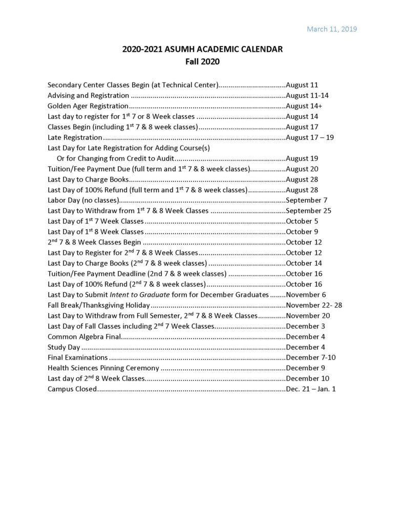 Academic Calendar 2020 2021 Arkansas State University Mountain Home AR