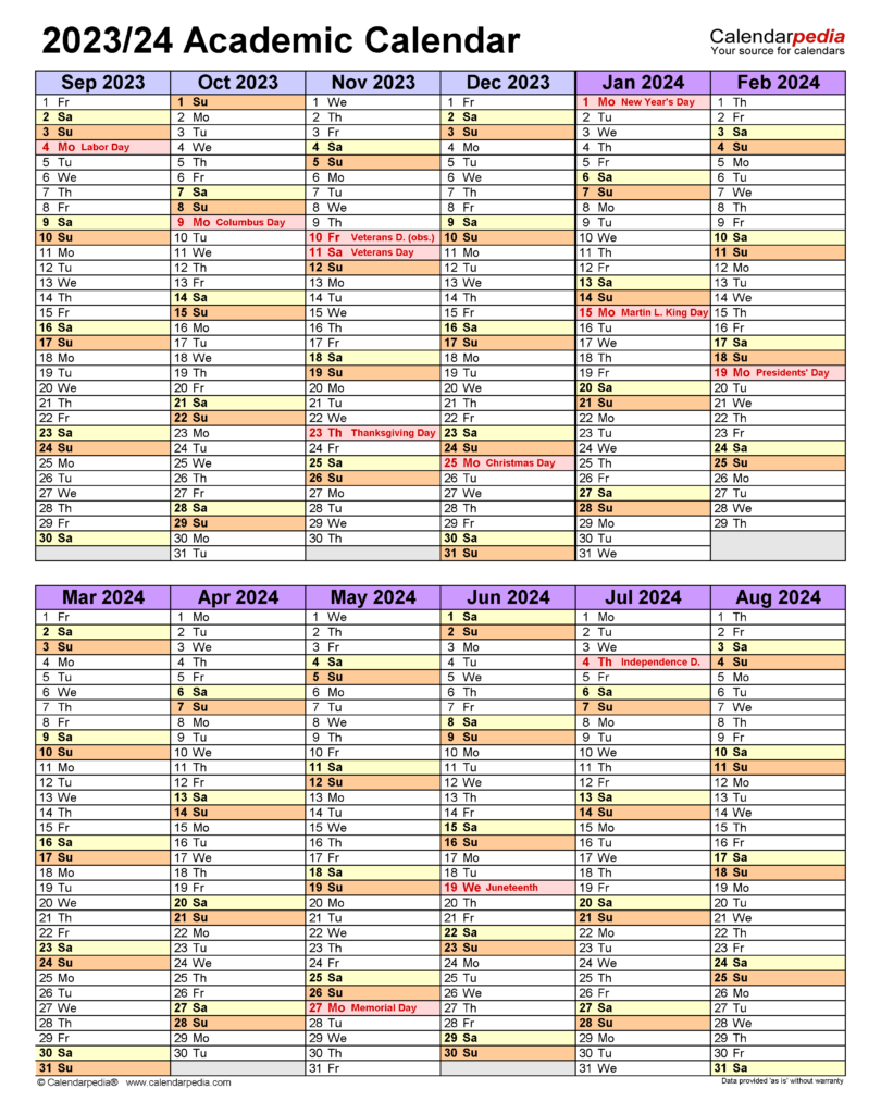 Academic Calendars 2023 2024 Free Printable Word Templates