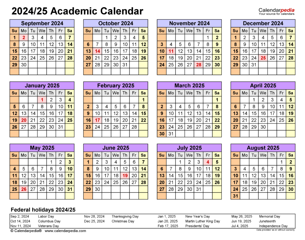 Academic Calendars 2024 2025 Free Printable Word Templates