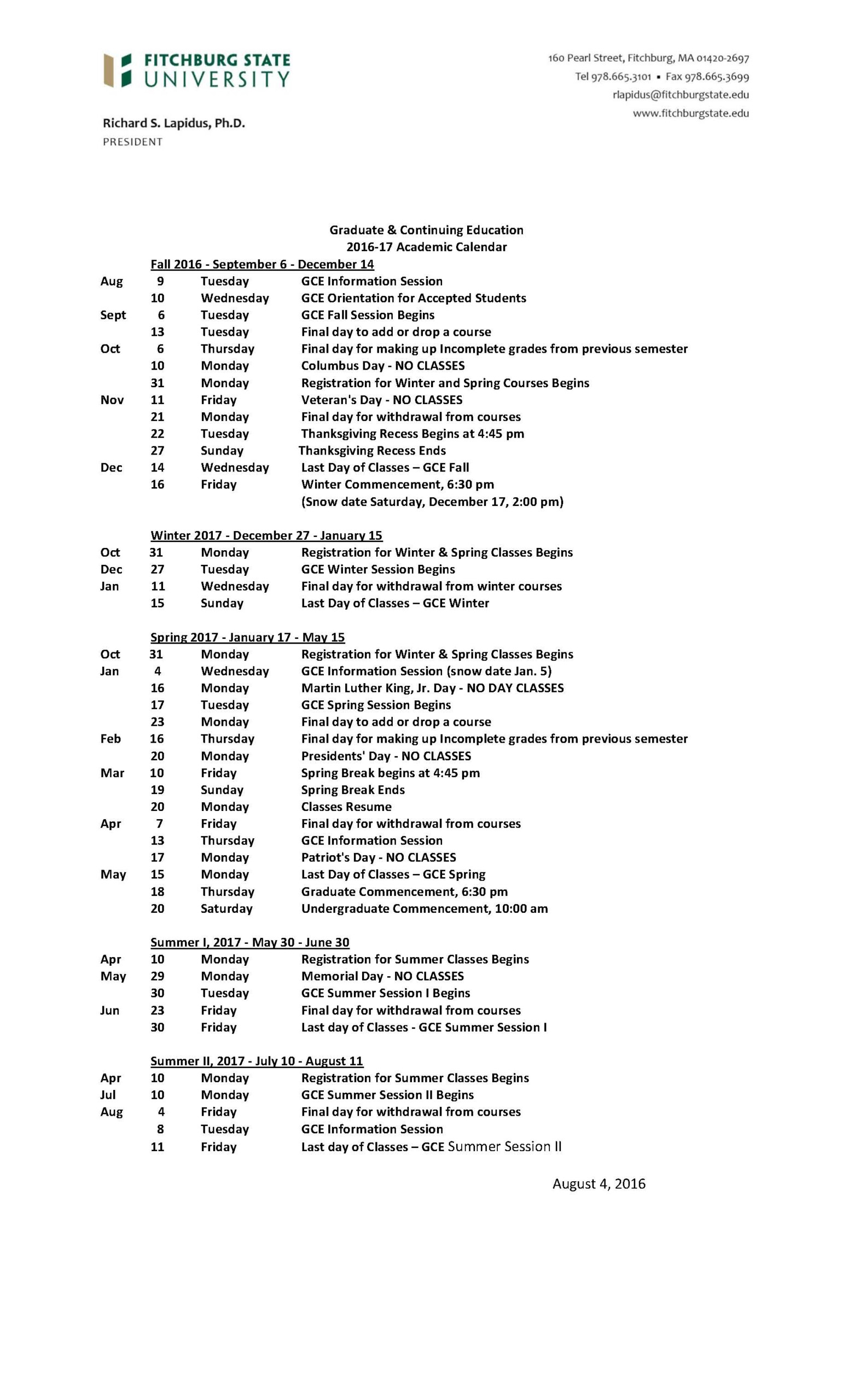 Academic Calendars Fitchburg State University Acalog ACMS