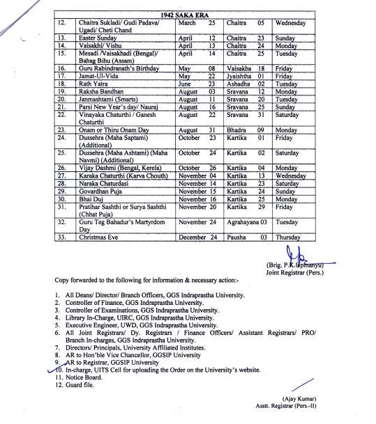 IP University Holiday Calendar 2023 2024 EduVark