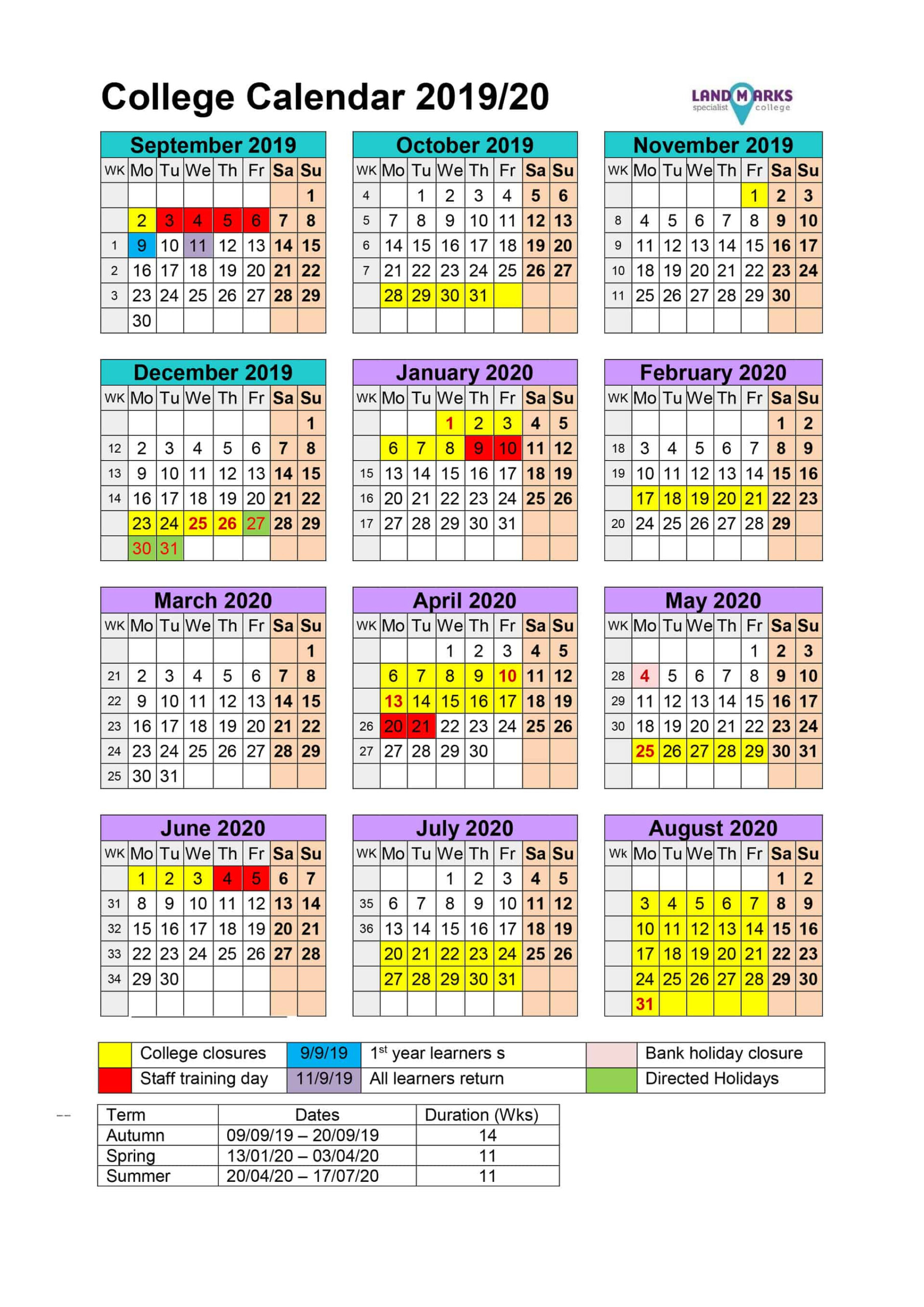 Landmarks Specialist College Academic Calendar 2019 20 UK