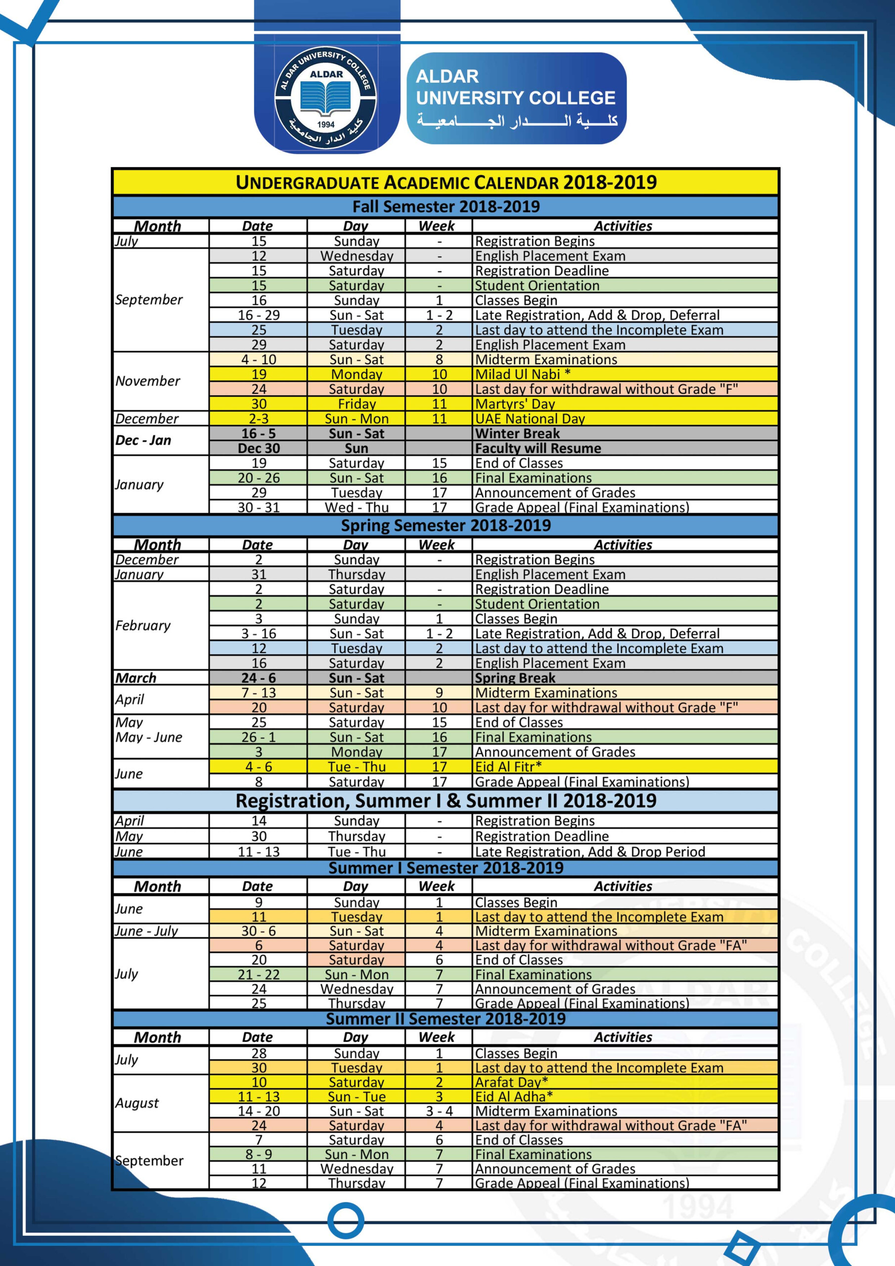 Undergraduate Academic Calender 2018 2019 ALDAR University College