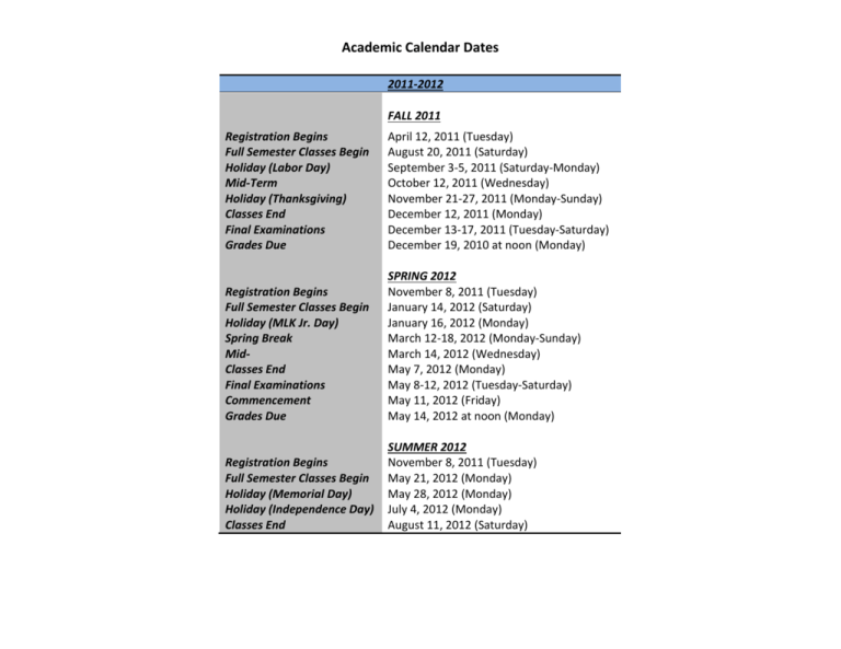 2010 2011 Academic Calendar