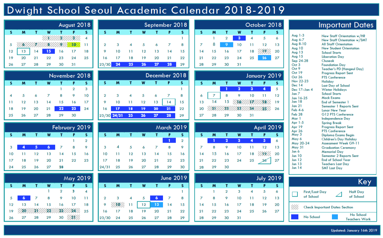 2018 2019 Calendar Dwight School Seoul