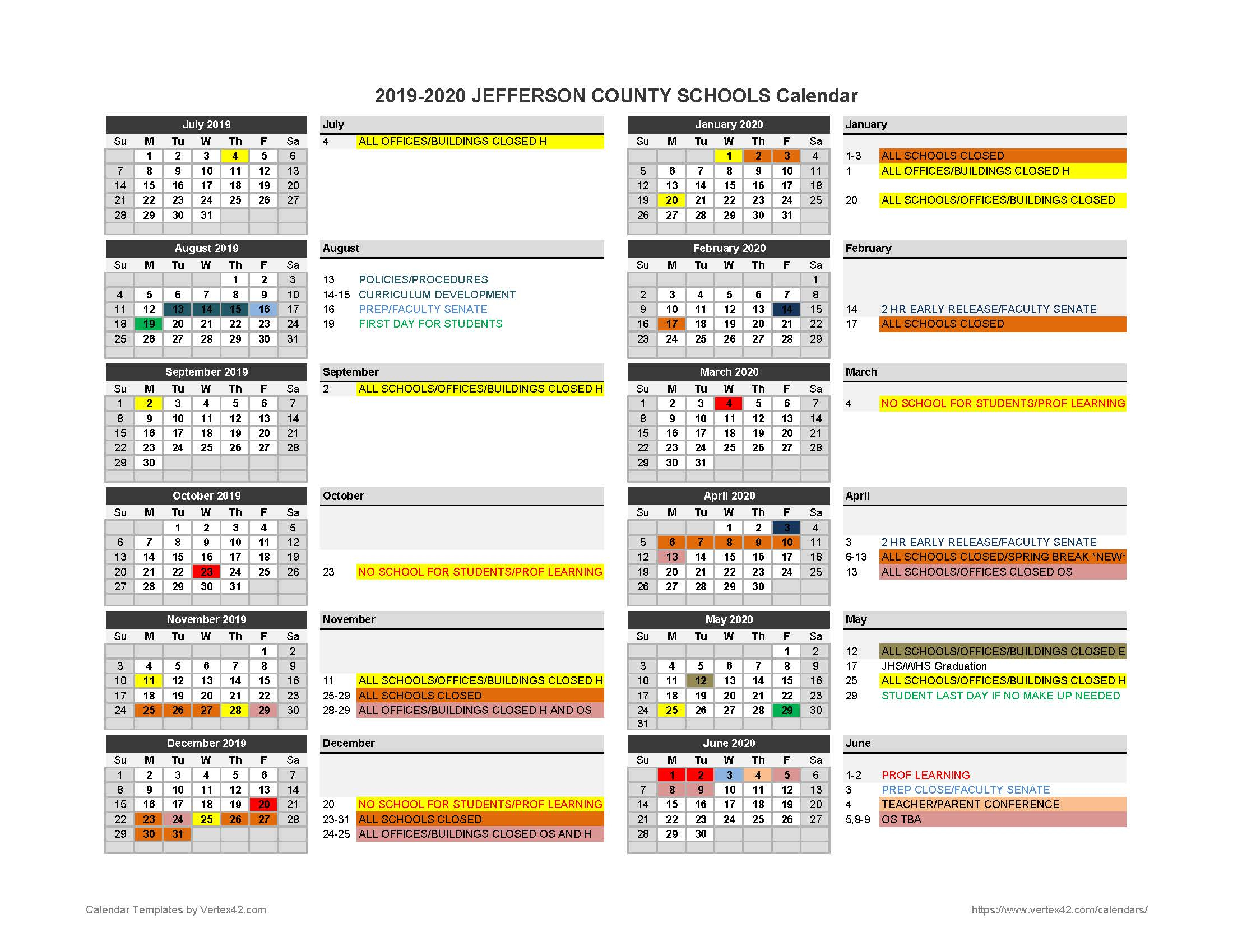 2019 2020 Parent Calendar Jefferson County Schools Throughout
