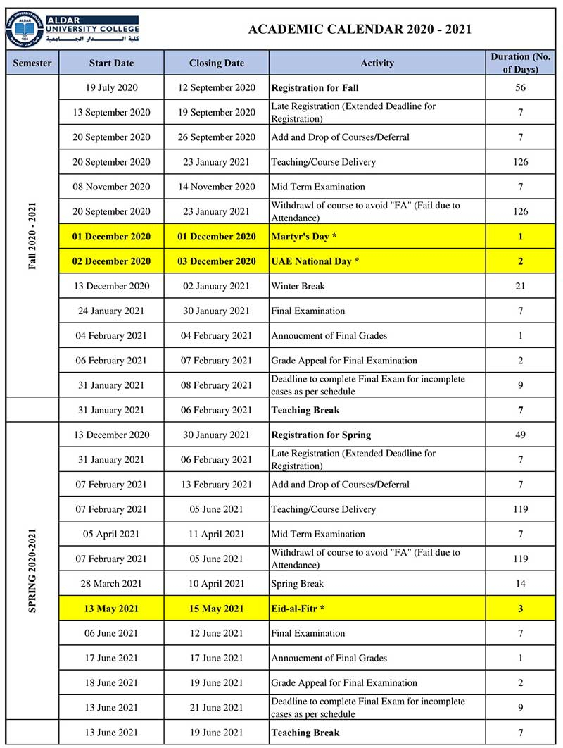 Aldar University Academic Calendar