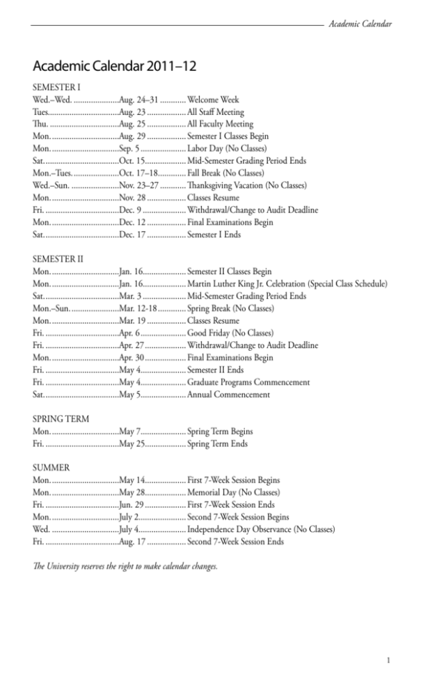 Academic Calendar 2011 12 Office Of The Registrar