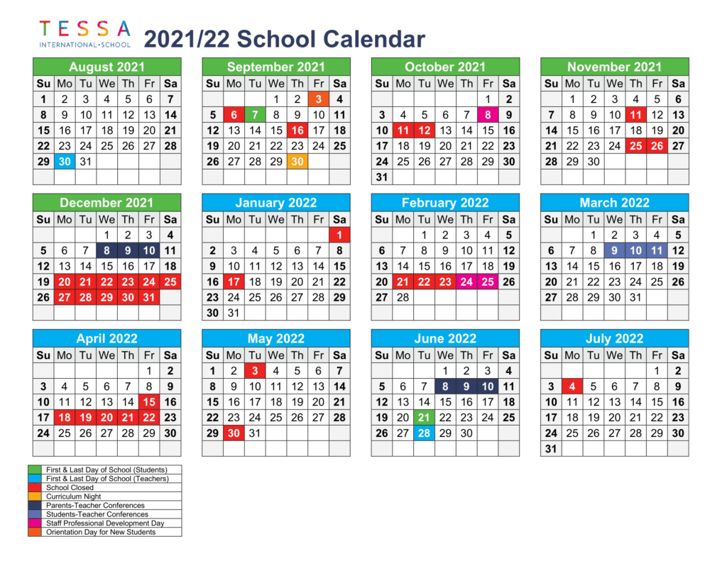 Academic calendar 2021 2022 1 Tessa International School