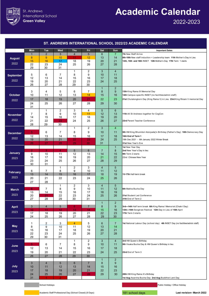 Academic Calendar 2022 23 By St Andrews International School Green 
