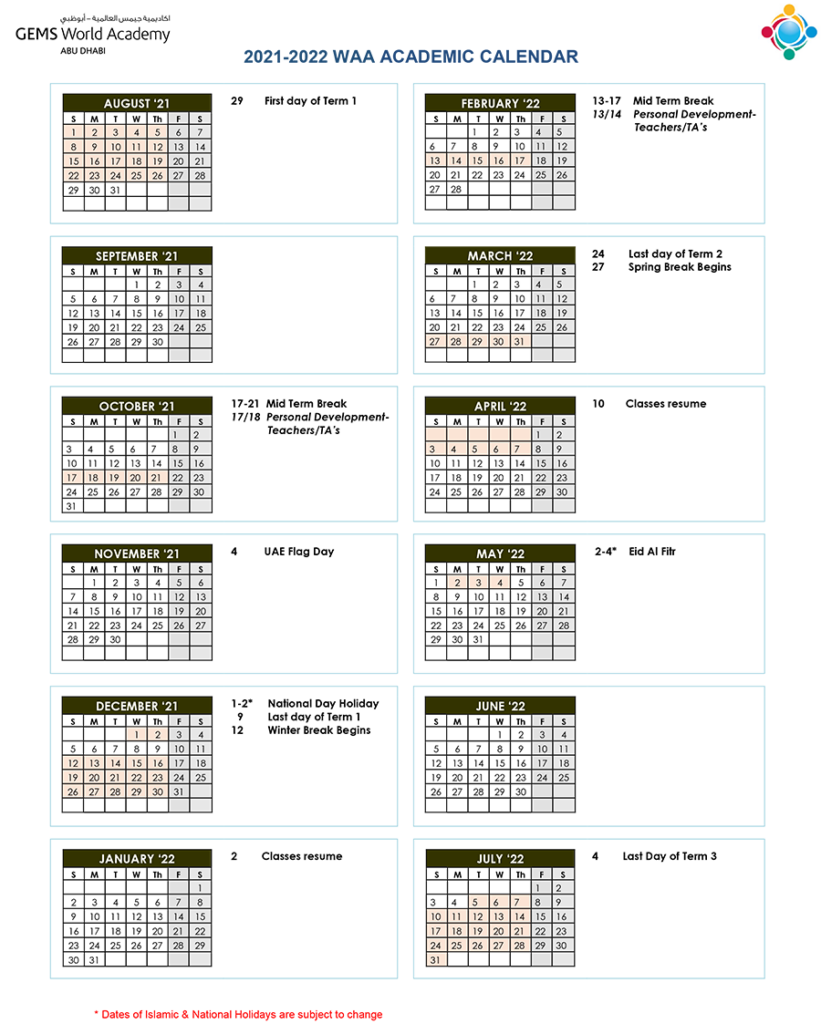 Academic Calendar At WAA