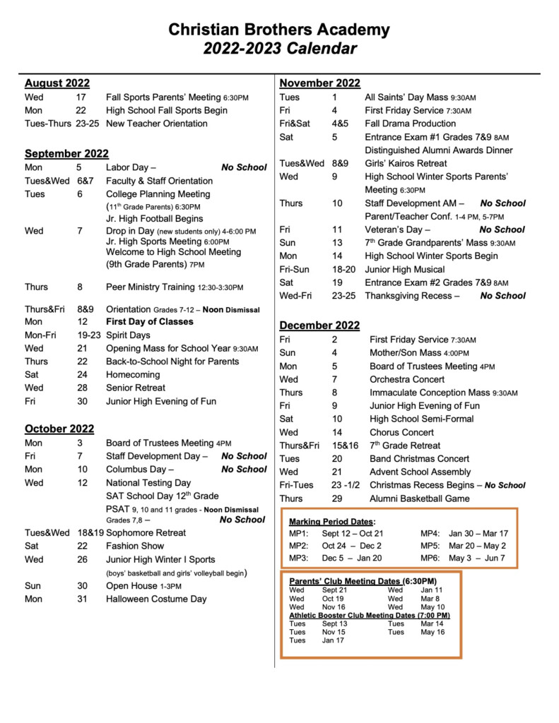 Academic Calendar Christian Brothers Academy CBA 