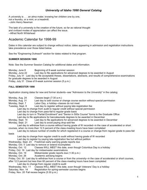 Academic Calendar For 1998 99 University Of Idaho