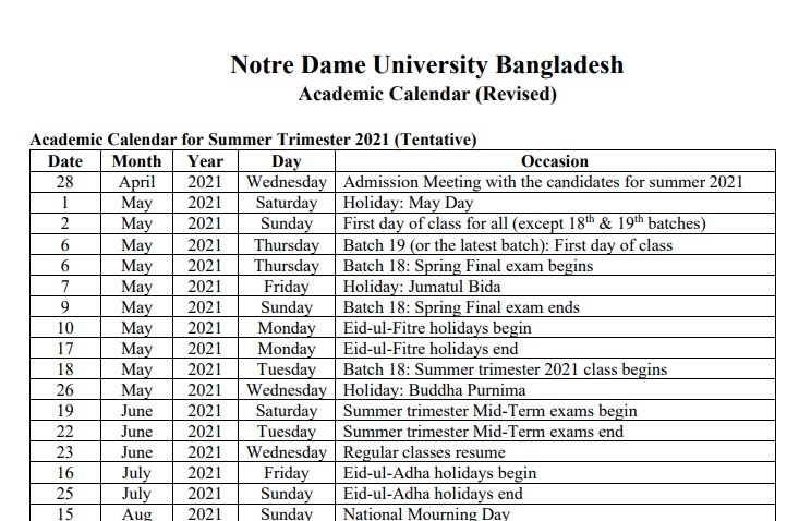 Academic Calendar Notre Dame University Bangladesh