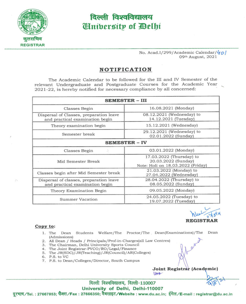 Academic Calendar Delhi University