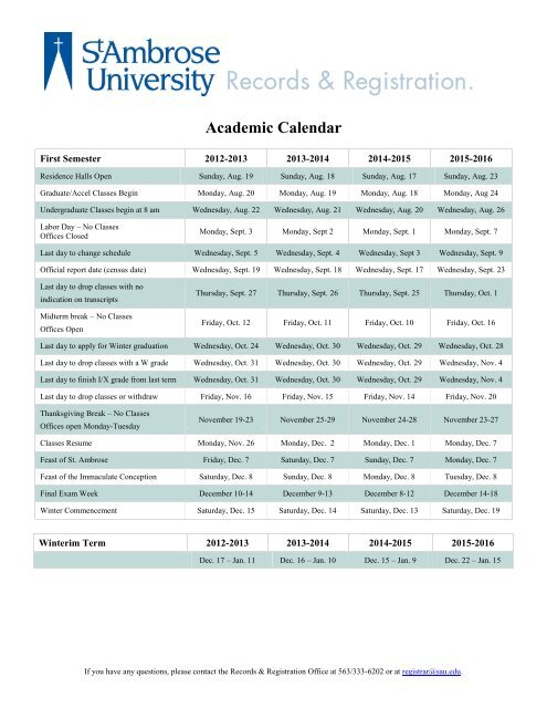 Academic Calendar St Ambrose University