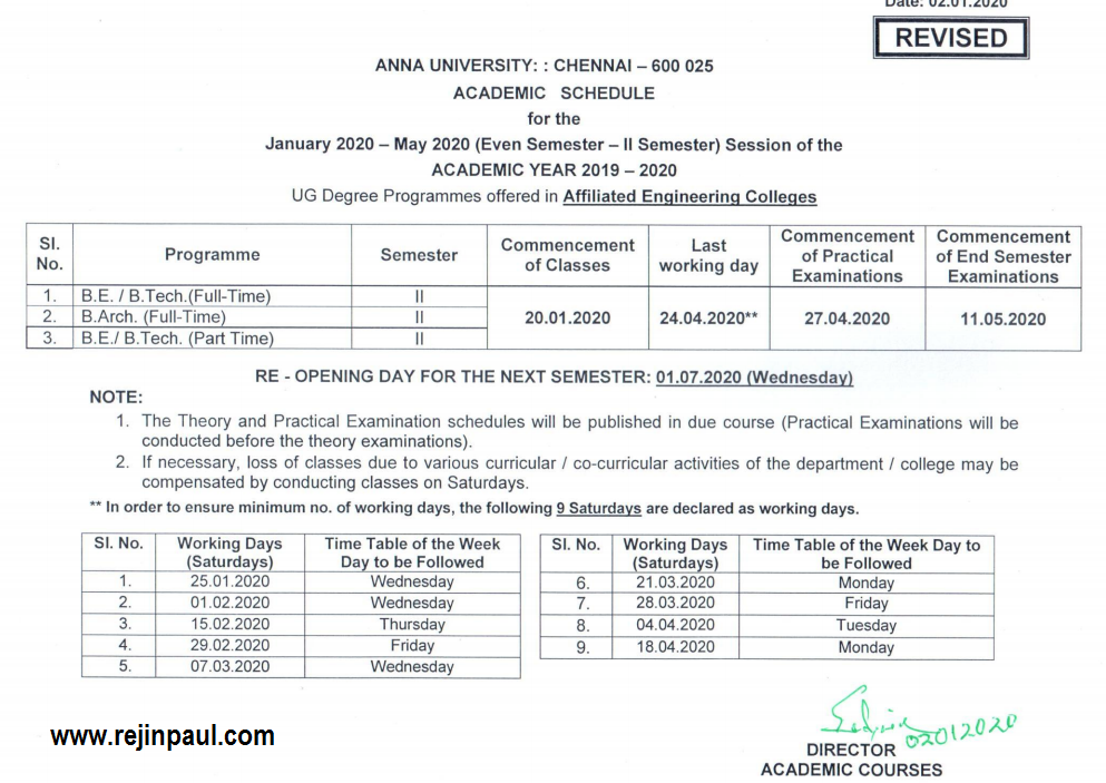 Anna University Academic Schedule 2020 Even Semester 2nd 4th 6th 8th