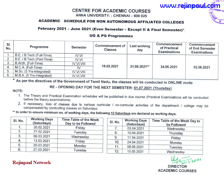 Anna University Academic Schedule 2021 UG PG