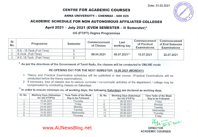 Anna University Academic Schedule 2nd Semester April May 2021 Exams