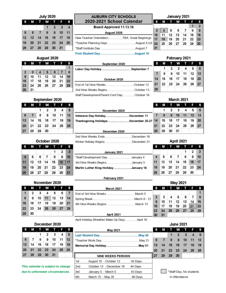 Auburn City Schools Calendar 2021 And 2022