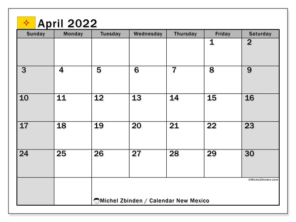 Calendar New Mexico Printing April 2022 Michel Zbinden EN