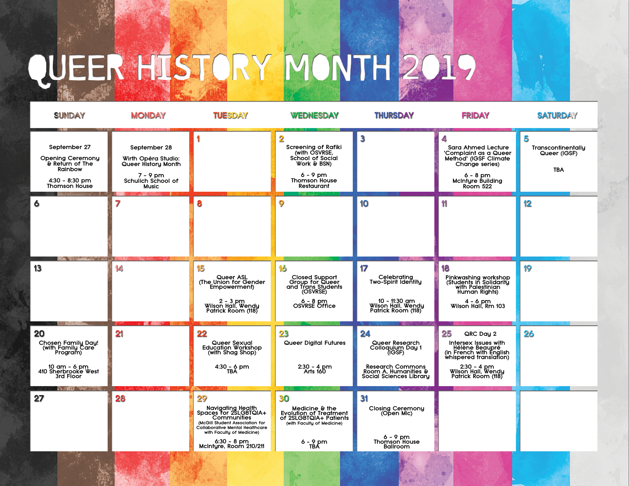 Calendar Of Events Queer History Month 2019 Subcommittee On Queer