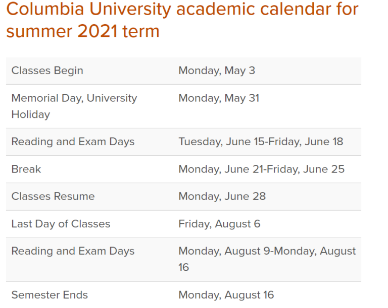  Columbia University Calendar 2022 2023 With Holiday PDF 