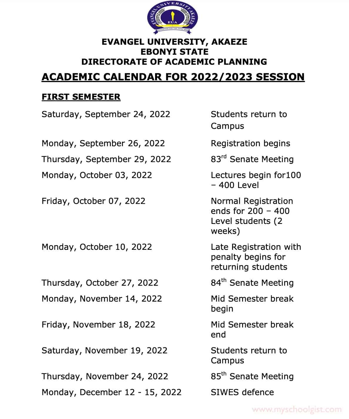 Evangel University Academic Calendar