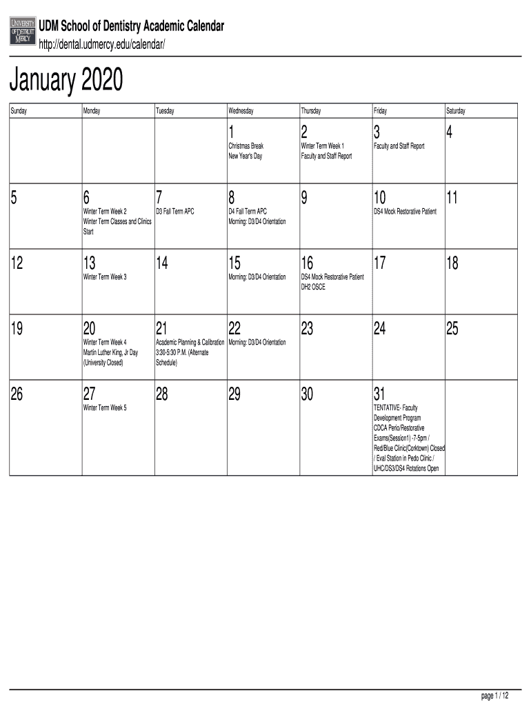 Fillable Online Dental Udmercy Academic Calendar University Of