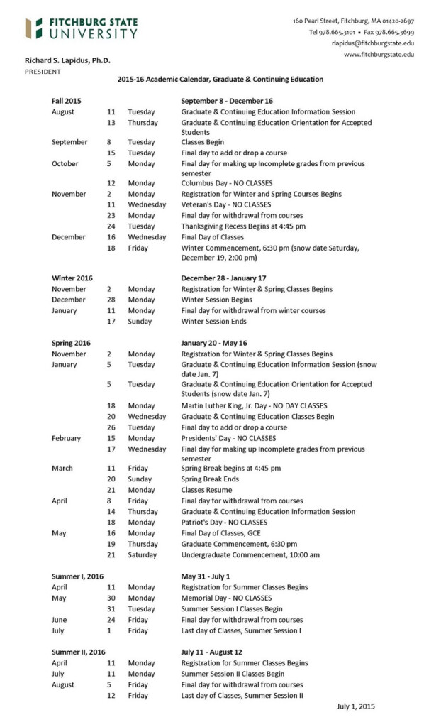 Fitchburg State University Academic Calendar Jackson Hale