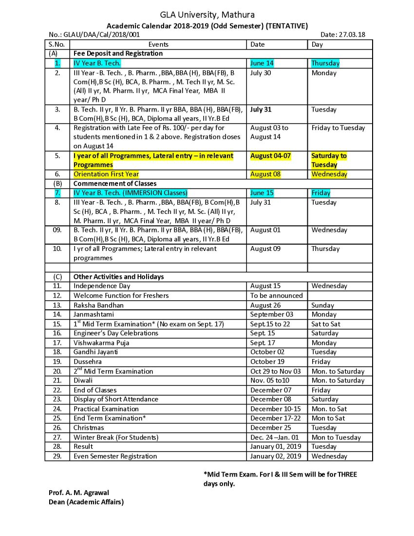 Academic Calendar Gla University 2023 19