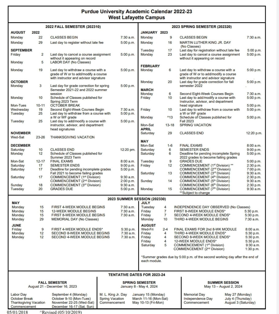 Purdue University Academic Calendar 2022 23