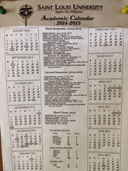 Saint Louis University Baguio City Philippines Academic Calendar 2014 