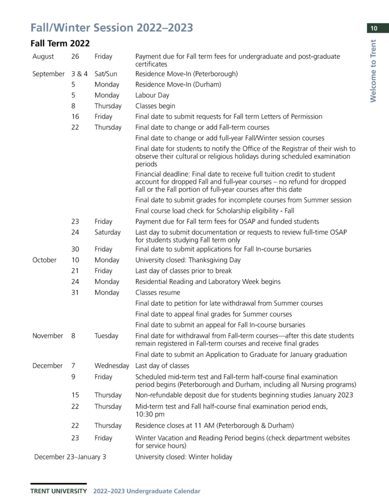 Trent University Undergraduate Calendar 2022 2023 TRENT UNIVERSITY 