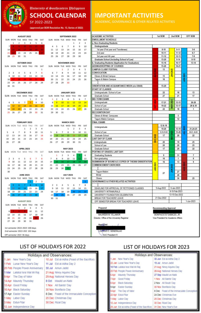 USeP School Calendar SY 2022 2023 University Of Southeastern 