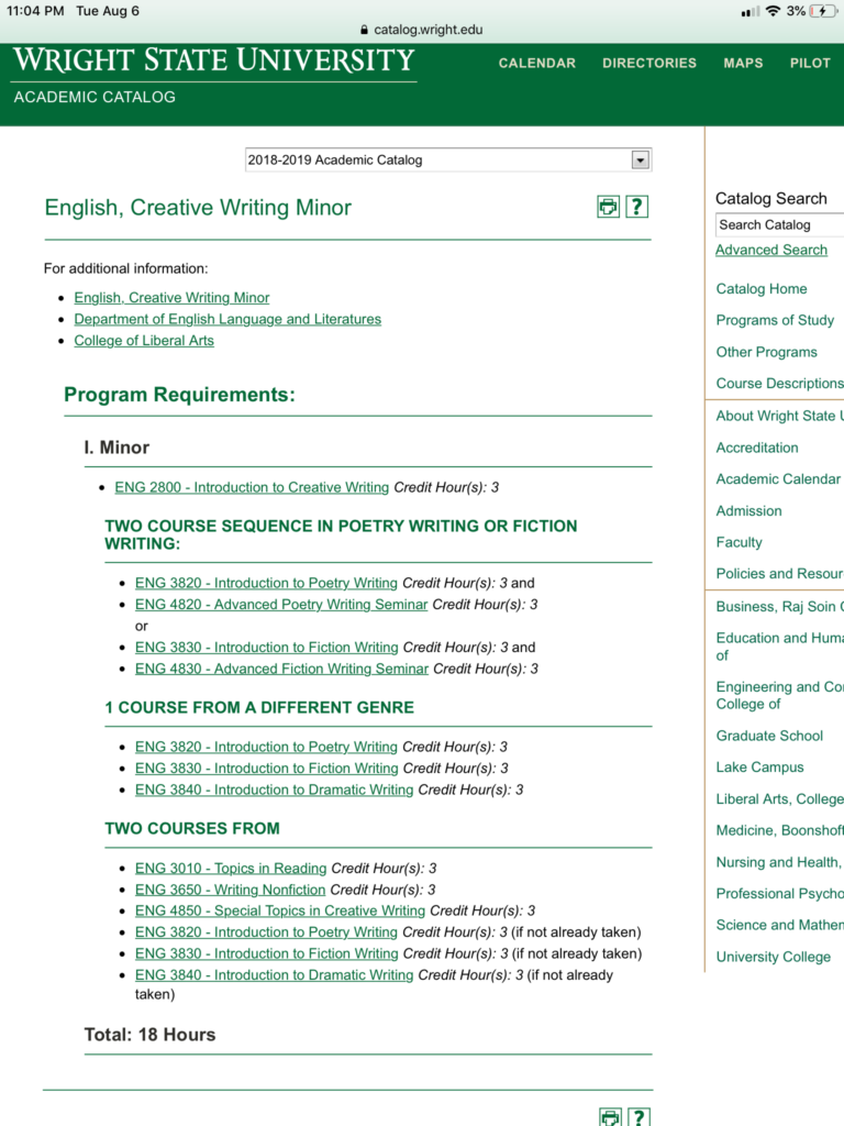 Wright State Minor University Calendar English Writing Language And 