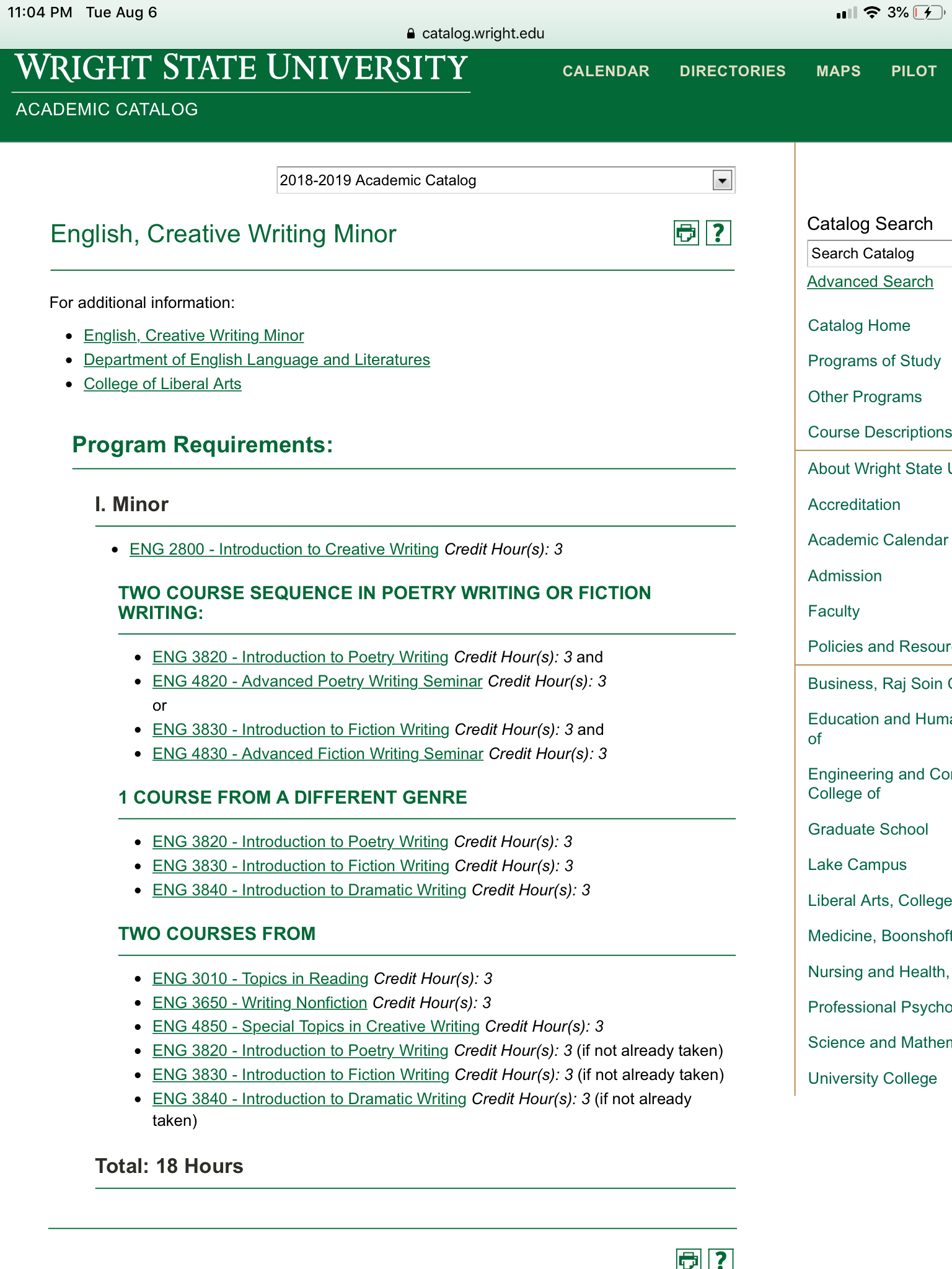 Wright State Minor University Calendar English Writing Language And