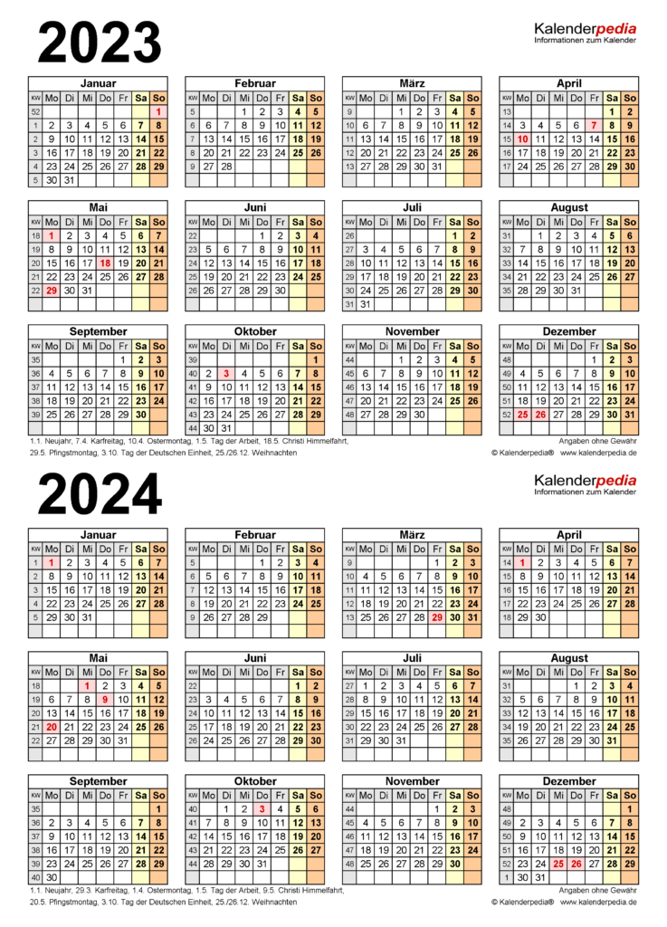 Zweijahreskalender 2023 Und 2024 Als PDF Vorlagen Zum Ausdrucken